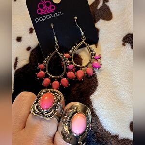Paparazzi Pink Teardrop Earrings & 2 Rings